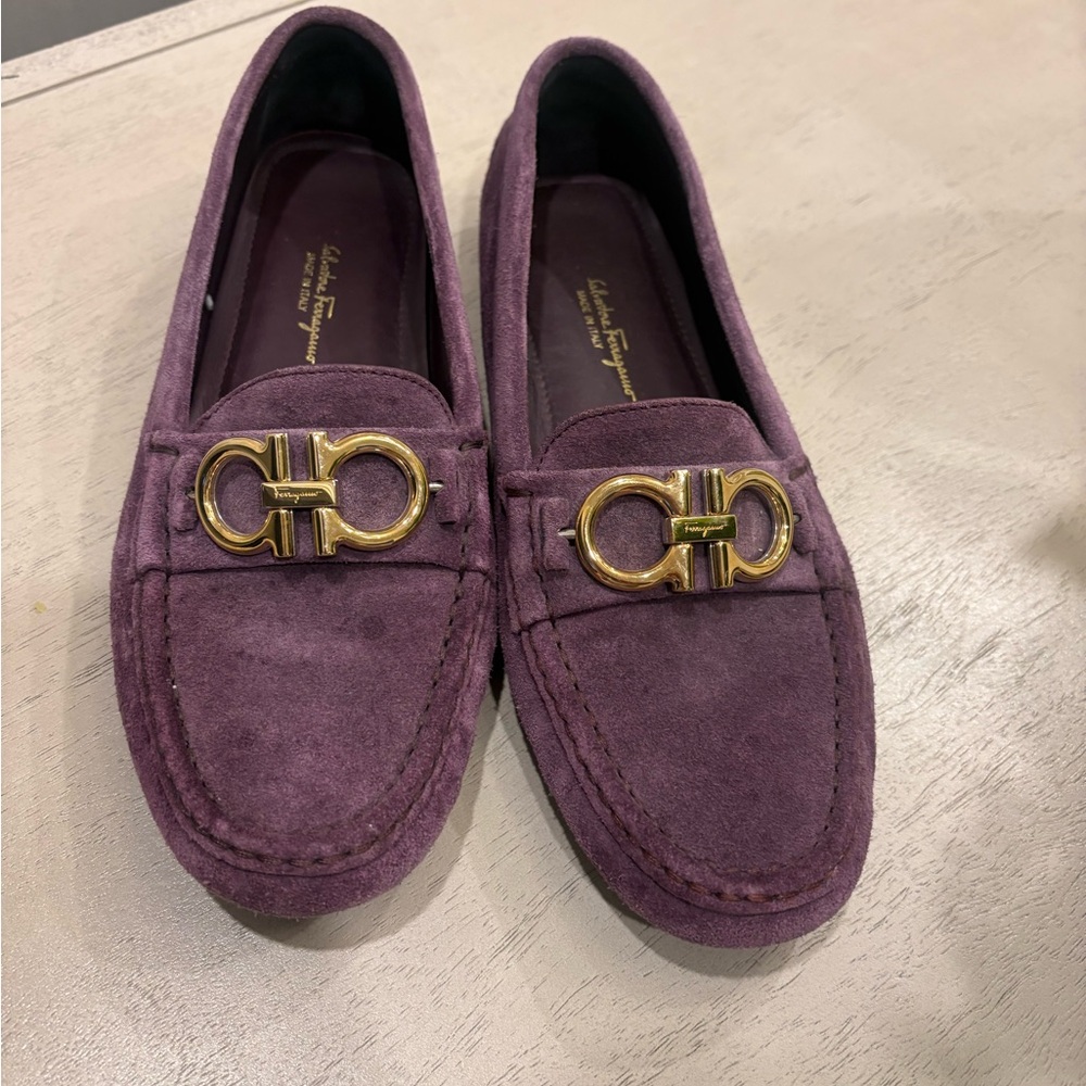 Salvatore Ferragamo Plum Suede Loafers with Gold Accent